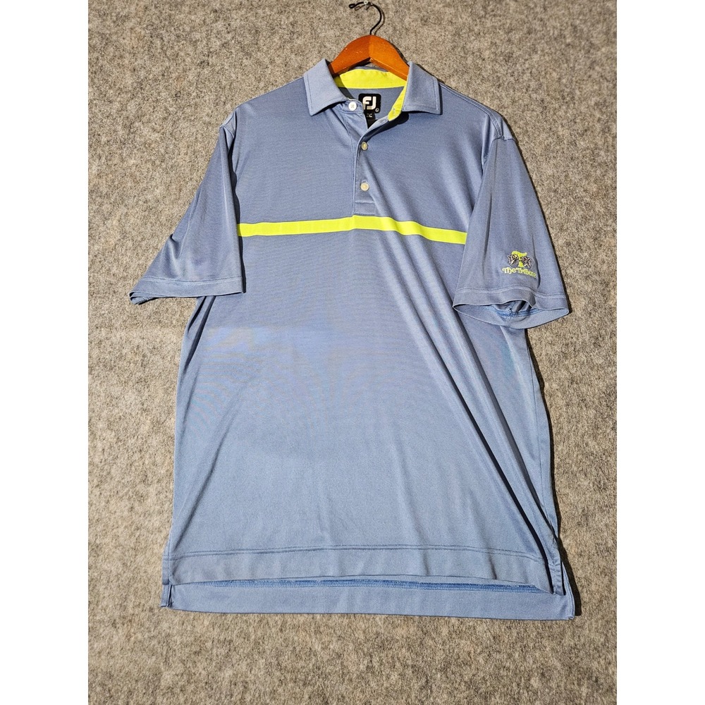 FootJoy FJ Mens Golf Polo Shirt Size L Blue Yellow Stripe The Tribute Patch - Picture 1 of 7